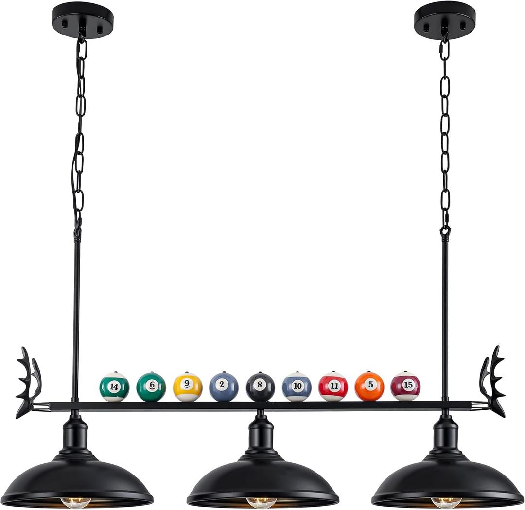 38" Pool Table Light Pendant, Fits 7'-8' Tables, 3 Light Black Metal Shade | Adjustable 39.4" Chain, Hanging Modern Billiard Lighting Fixture, for Billiards Room, Game Room, Kitchen Island, Restaurant