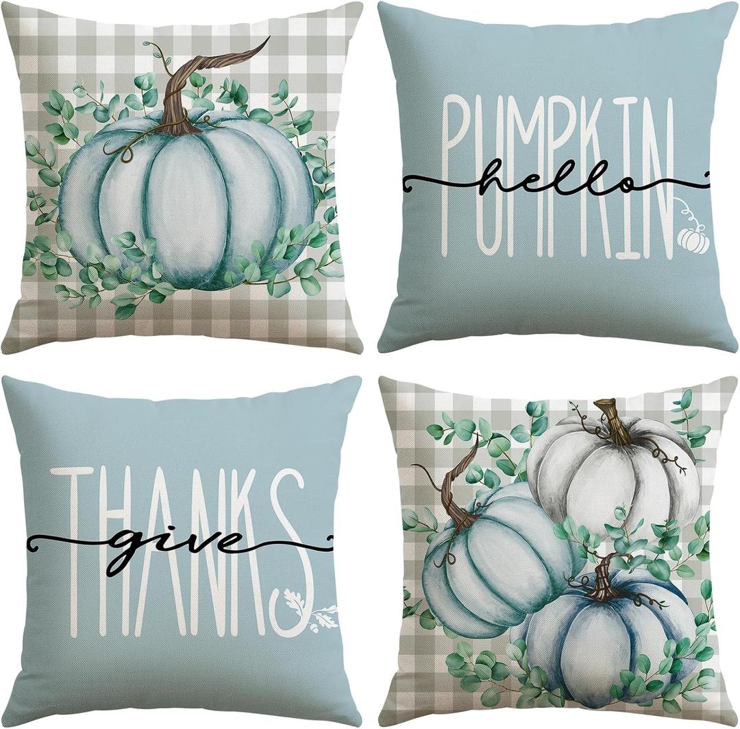 2 x Artscope Fall Decorative Throw Pillow Covers 20x20 Inch Set of 4, Hello Pumpkin Give Thanks Outdoor Farmhouse Pillow Cases for Home Sofa Couch-Light Blue