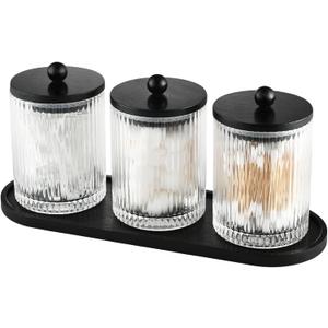 3 Pack Qtip Holder Bathroom Set,Cotton Pad Ball Swab Holder Cotton Round Floss Pick Dispenser with Tray,Glass Apothecary Jars with Black Lids,Bathroom Organizers and Storage Canisters