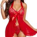 RSLOVE Lingerie for Women Lace Babydoll - Sexy Lingerie Open Front Sleepwear Halter Nightwear Ruffle Trim Chemise Medium