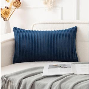 UGASA 14x24 Inch Pillow Cover Pack of 1 Soft Boho Stripe Corduroy Long Rectangle Lumbar Cushion Case Farmhouse Decorative Throw Pillowcase for Bed, Couch, Sofa, Bedroom, Living Room, Navy Blue