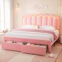 Velvet Upholstered King LED Bed Frame with 2 Storage Drawers and Adjustable Chic Double Wavy Headboard, Princess Platform Bed with Charing Station, Solid Wood Slats Support,No Box Spring Needed,Pink