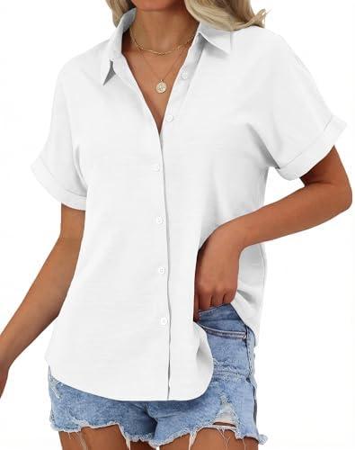 JEKAOYI Womens Button Down Shirts, Cotton Linen Short Sleeve Button Up Shirt Casual Spring Blouses Summer Vacation Tops XL