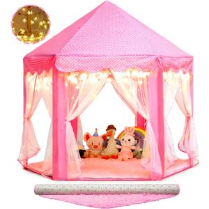 Princess Castle Tent with Rug for Girls Fairy Play Tents for Kids Hexagon Playhouse with Fairy Star Lights Toys for Children or Toddlers Indoor Games (Pink Princess Tent with Rug)