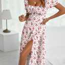 BLENCOT Womens Casual Summer Square Neck Short Sleeve Split Thigh Cotton Dress Boho Floral Print Tie Front Midi Dresses