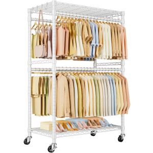 P4 Plus Rolling Clothes Rack Heavy Duty, Clothing Racks for Hanging Clothes, Free Standing Garment Racks with Wheels, Portable Closet Rack 45''W  20.5''D  80.5''H, Max Load 570 Lbs, White