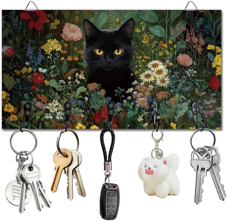 Black Cat Wildflowers Key Holder Key Hooks Wall Mounted Wooden Key Racks with 5 Hooks Key Storage Organizer House Key Hanger for Wall Decor Front Door Entryway Hallway Kitchen New Home Gift