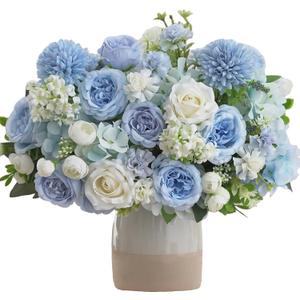 8 Pcs Mixed Artificial Peony Flowers Set-4 Bouquets & 4 Stems, Blue Fake Peony Rose Hydrangea Flowers for Vase Silk Floral Arrangements for Table Centerpiece Wedding Party Bridal Decoration Home Decor