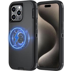 2 x for iPhone 15 Pro Case [Compatible with MagSafe], Heavy Duty Shockproof 3-Layer Full-Body Protection Rugged Cover, Drop-Resistant and Wireless Charging Friendly (Black, iPhone 15 Pro)