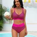 Blooming Jelly Womens High Waisted Bikini Sets Striped Tummy Control Swimsuits Color Block Two Piece Bathing Suit (Pink, M)