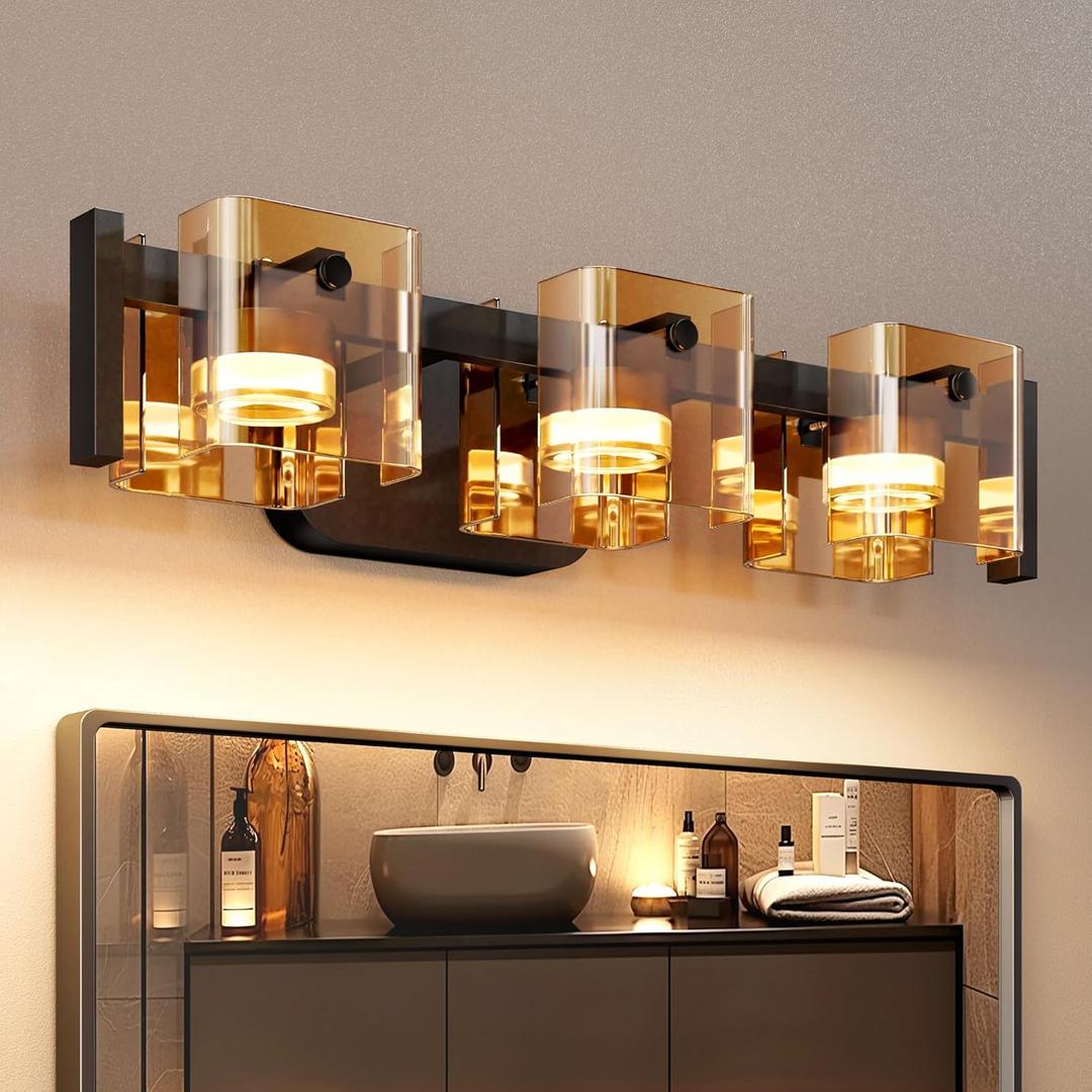 JACKYLED Bathroom Light Fixture, Modern 3-Light Vanity Lights with Art Glass Shades, 3 Color Temperatures LED Bathroom Lighting Fixture Over Mirror, 20W 1200 Lumen 30 Adjustable, Amber Glass