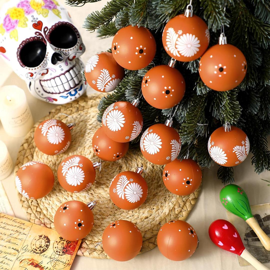 18 Pcs Mexican Tree Ornaments 2.36 Inch Plastic Cielito Lindo Floral Party Decor Mexican Tree Balls Ornaments Platos De Barro Mexicanos Terracotta Talavera Balls for Mexico