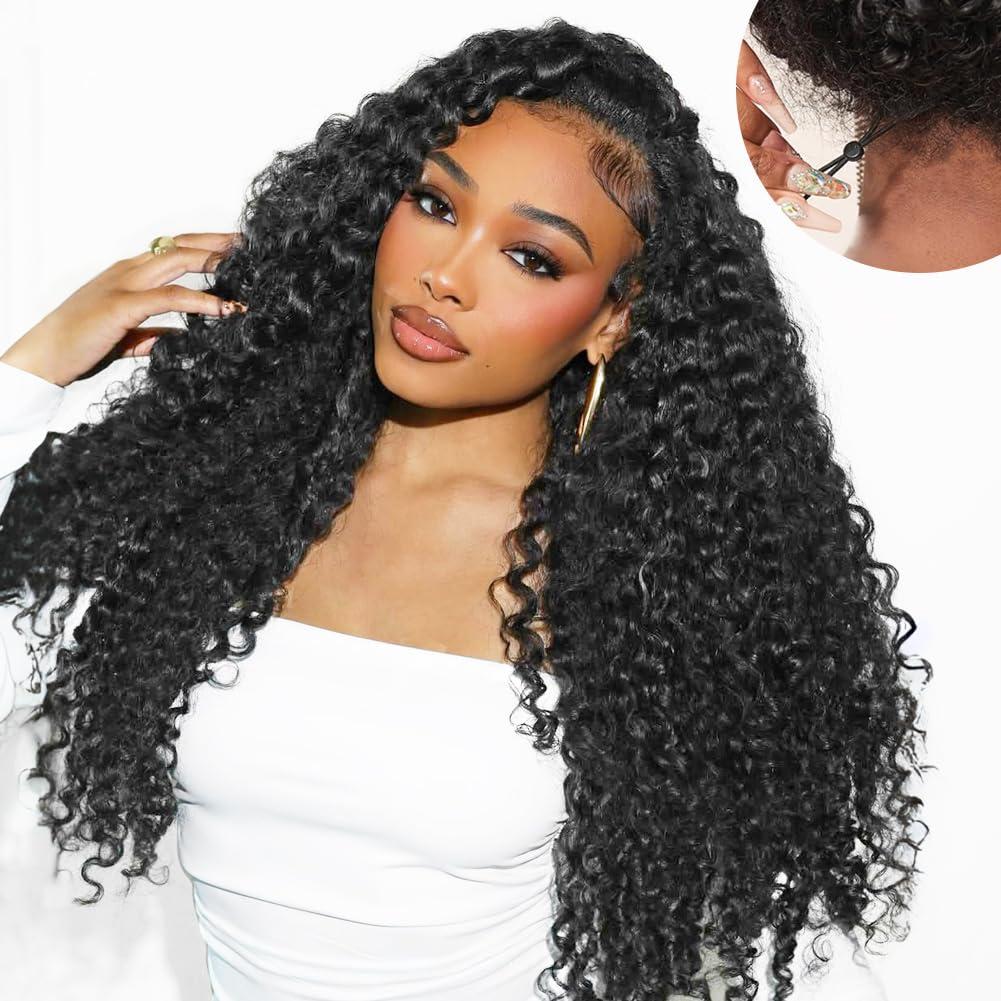 7x5 Deep Wave Glueless Wigs Human Hair Pre Plucked Pre Cut HD Lace 200% Density 7x5 Deep Wave Lace Front Wigs Human Hair 26 Inch Curly Wear and Go Drawstring Wig for Women Beginner Friendly