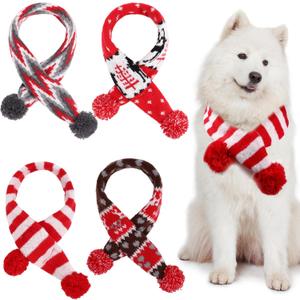 Sanwuta 4 Pcs Christmas Dog Knitted Scarves with Poms Winter Pet Neck Warmer Bandanas for Pets Holiday Festive Pet Scarf Accessories for Xmas Costume and Gift(M)