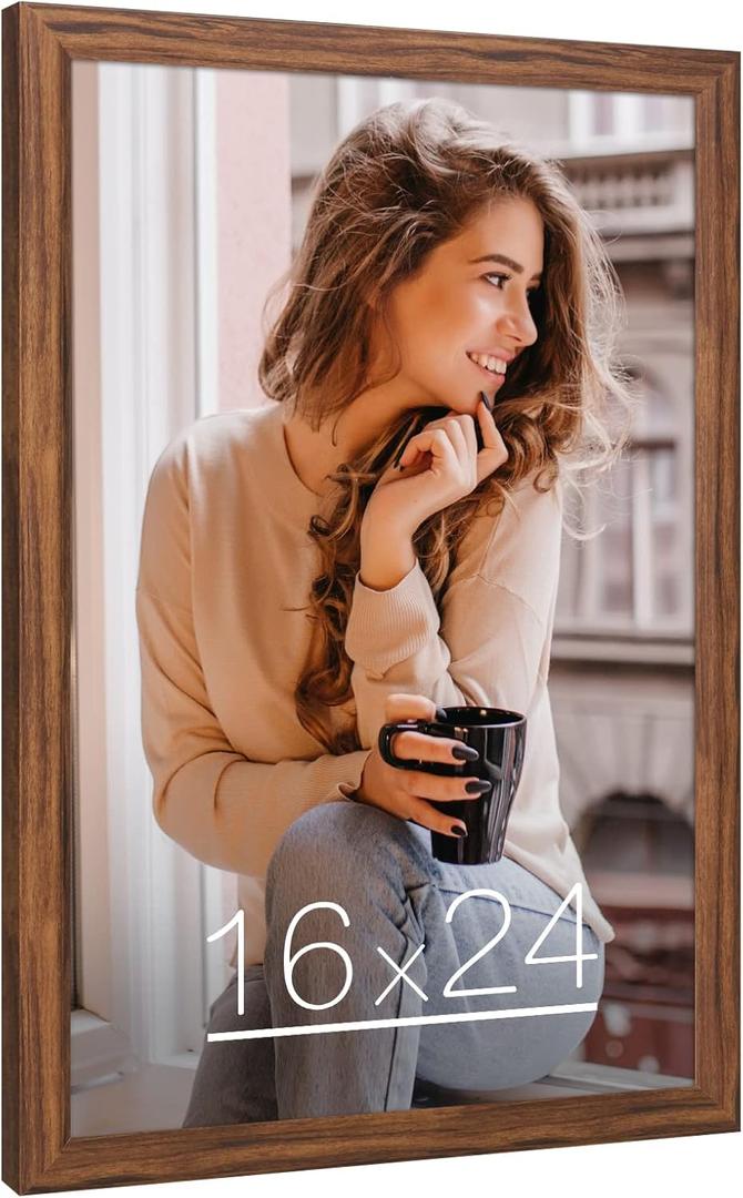 16x24 Wood Frame Brown, Rustic Natural 24x16in Woodgrain Picture Poster Frame, Modern Brown 16 x 24inch Gallery Wall Photo Frame with HD Plexiglass, Horizontal Vertical Wall Mounting Display 1pcs