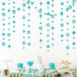 Teal Blue 13th Birthday Decorations Number 13 Circle Dot Star Garland Glitter Streamer Banner Backdrop for Girls Boys Official Teenager Cheers to 13 Years Old Birthday 13th Anniversary Party Supplies