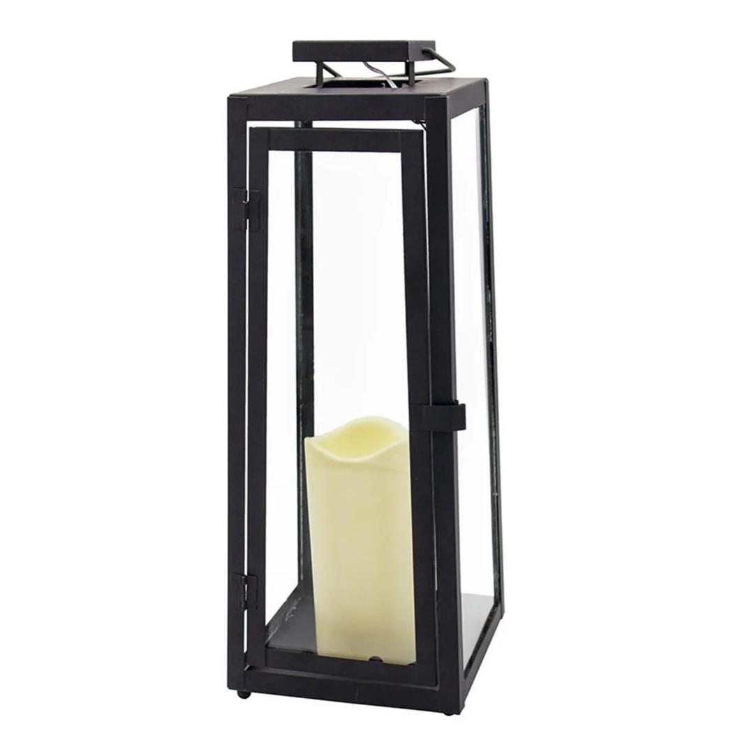 Lights4fun Set of 1 Black Metal Lantern with LED Candle Flame Effect Timer Battery Operated Outdoor Decoration for Garden, Balcony, Patio, Spring Summer 29.5 cm + 39 cm Height [Energy Class A]