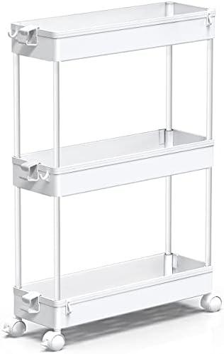 Slim Rolling Storage Cart, 3 Tier Bathroom Storage Organizer Laundry Room Utility Cart Mobile Shelving Unit, Multi-Purpose for Kitchen Office Bathroom Laundry Narrow Places, White