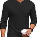 COOFANDY Men's Henley Shirts Long Sleeve Basic Waffle Pique Pullover T-Shirt with Pocket (Black)