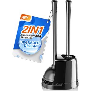 LOVLOY Toilet Plunger and Brush, Bowl Brush and Heavy Duty Toilet Plunger Set with Ventilated Holder, 2-in-1 Toilet Brush and Plunger Combo for 5.3-inch Toilet Drain Bathroom Cleaning (Black)