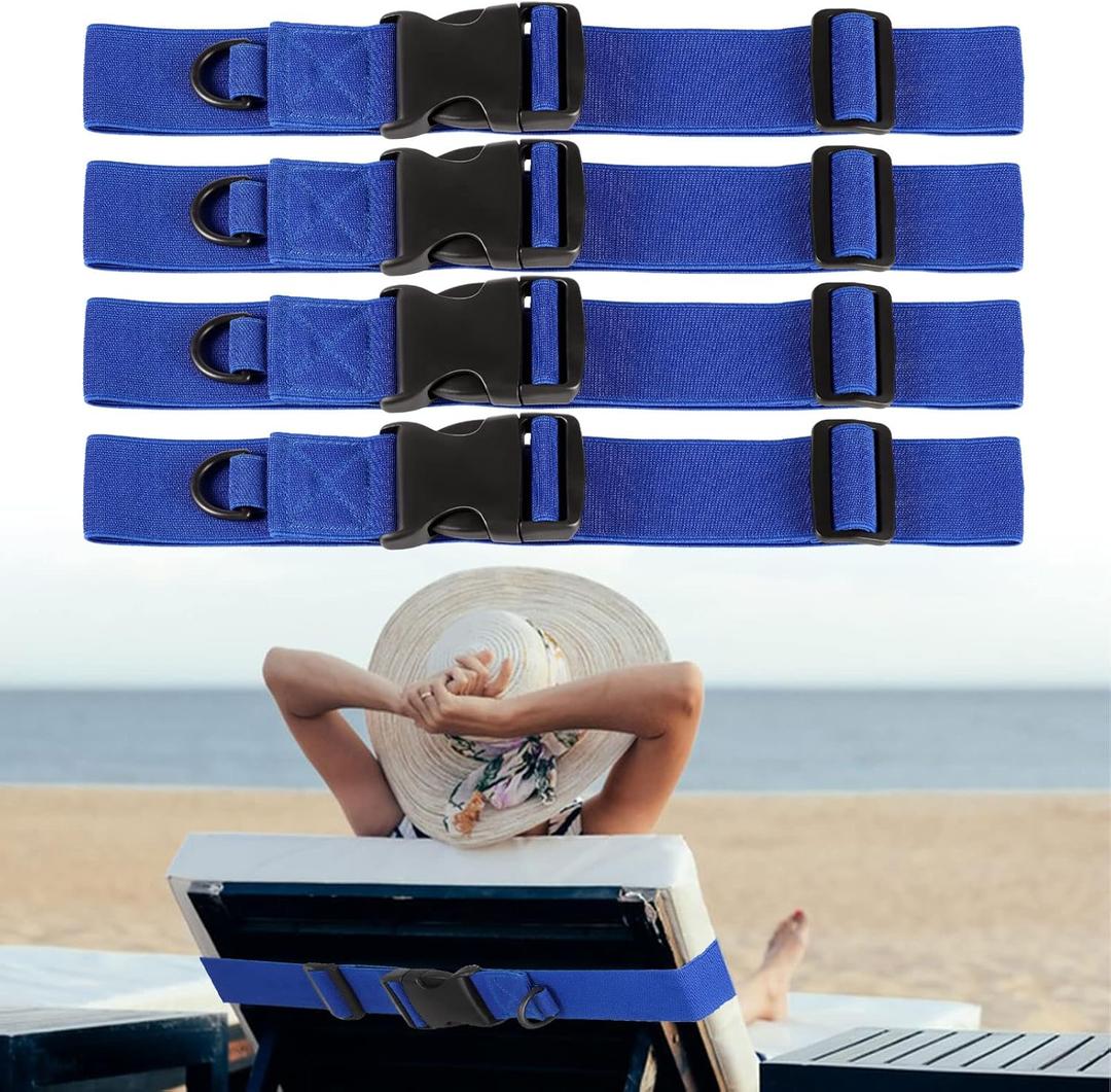 4 Pack Towel Bands for Beach Chairs Cruise, 215.7 Inch Beach Towel Clips Elastic Towel Bands with Adjustable Detachable Buckle, Beach Towel Bands for Cruise Accessories Must Haves