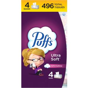 Puffs Ultra Soft Facial Tissues, 4 Family Size Boxes, 124 Facial Tissues per Box, Allergies and Colds