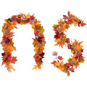 Thanksgiving Fall Leaf Garland - 2PCS Maple Fall Decorations for Home,5.7Ft Autumn Party Wedding Decor Hanging Artificial Leaf Garlands for Indoor Outdoor Christmas Halloween Decorations