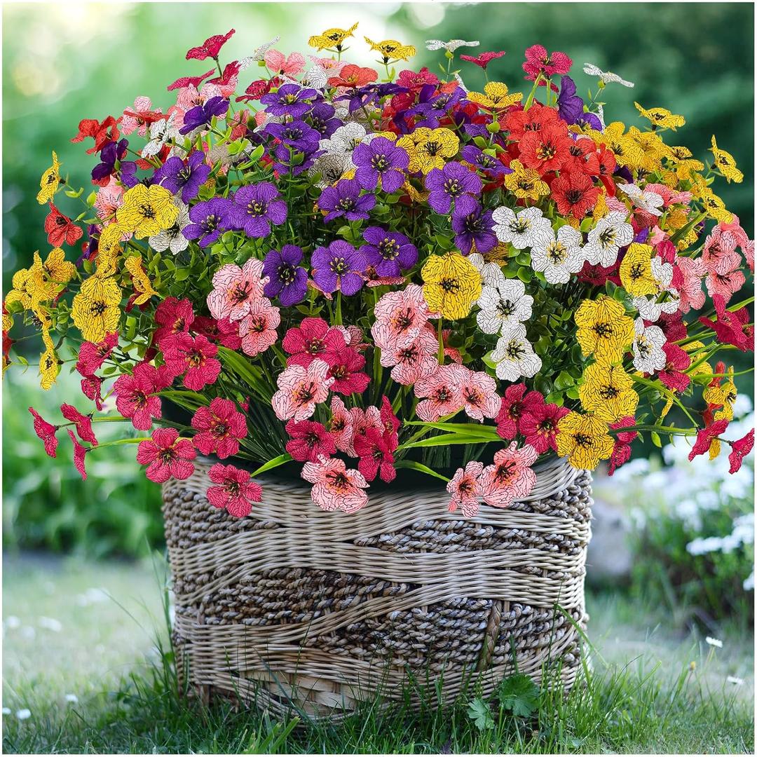 24 Bundles Lifelike Outdoor Artificial Flowers, UV Protected No Fade Fake Silk Plants for Spring Summer, Realistic Faux Flowers for Garden Porch Patio Decorations (6 Color Mix)