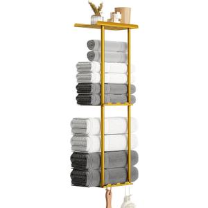 Towel Racks for Bathroom, 3 Tier Metal Towel Holder, with Shelf & 6 Hooks, 29 inch Wall Mounted Towel Storage, 6 Large Bath Towels Capacity, Small Bathroom Towel Rack for Rolled Towels, Gold