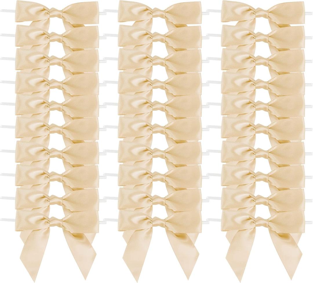 AIMUDI Champagne Bows for Gift Wrapping 3.5" Pre Tied Small Christmas Tree Bow Premade Twist Tie Bows for Treat Bags Small Bow for Crafts Wedding Holiday Decoration- 50 Counts
