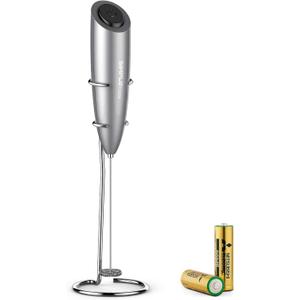 SimpleTaste Electric Milk Frother, Handheld Milk Frother with 2 Batteries and Stainless Steel Base, Manual Milk Frother with Electric Strong Motor, Milk Frother (Silver)