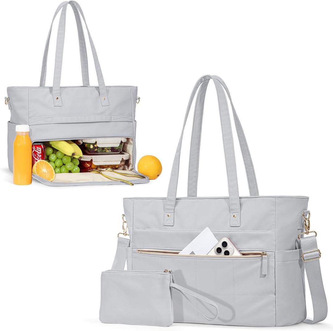 Lunch Tote Bag with Insulated Compartment & 15.6" Laptop Sleeve, Womens Water-Resistant Work Bag for Office with a Purse & Crossbody Strap, Gray