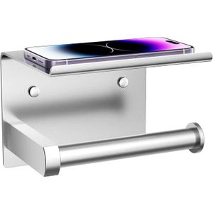 Tindbea Toilet Paper Holder with Phone Shelf, Adhesive or Screw Wall Mount Toilet Tissue Roll Holder, Rustproof & Multifunctional Stainless Steel Bathroom Storage Dispenser (Brushed Nickel)