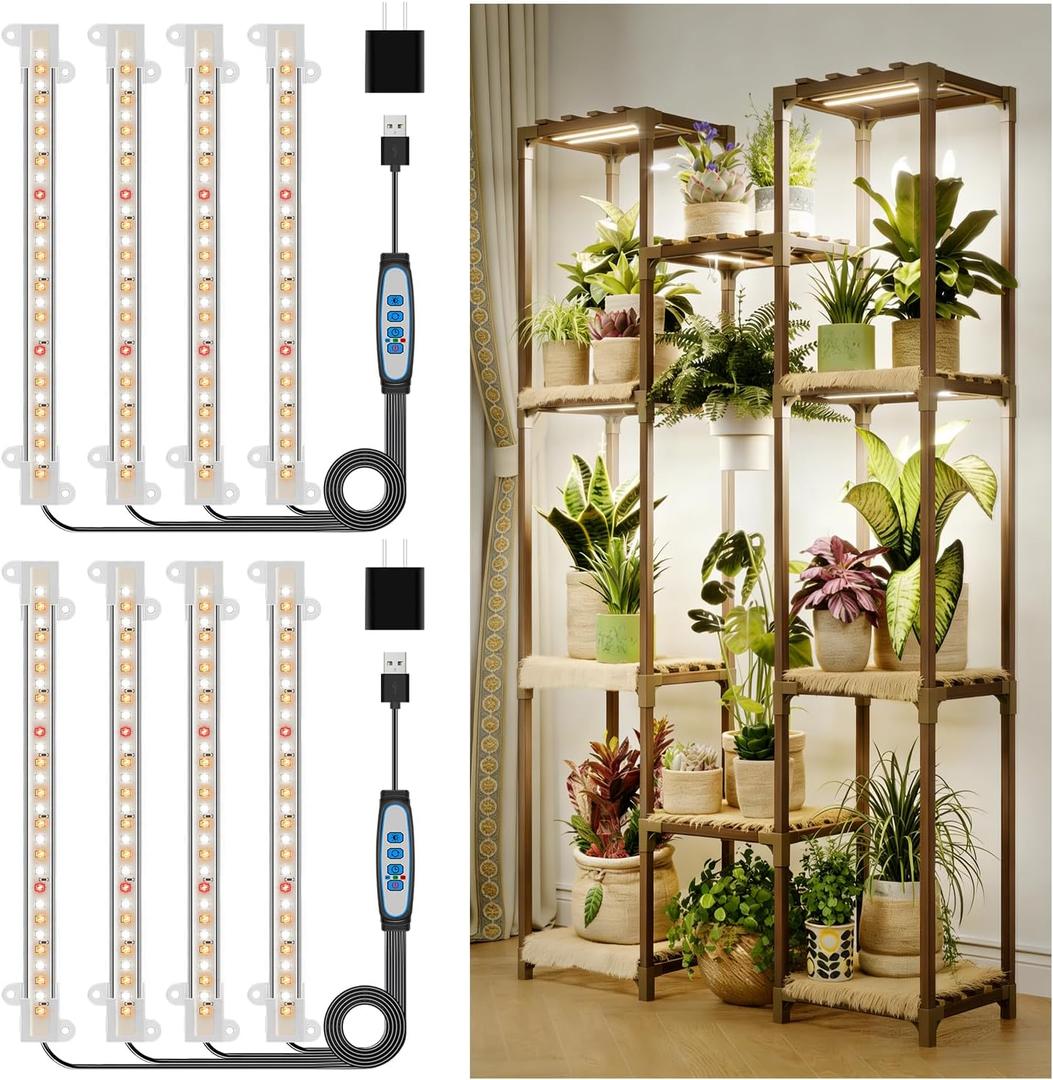 8 inches LED Grow Light Strips, Full Spectrum Grow Lights for Indoor Plants with 6/12/16H Timer, 5 Dimmable Levels, Plant Light for Seedling Succulent, Ideal for Plant Shelf (4 Strips*2pcs)