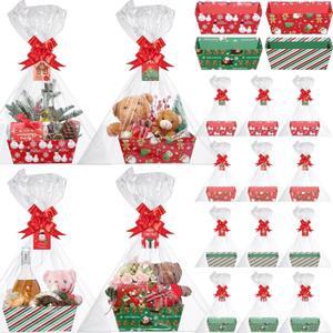 Cholemy 12 Sets Large Christmas Basket for Gift Empty Gift Basket Kit Presents Bags Empty to Fill with Handles Wine Bags Kraft Cardboard Tray for Christmas Birthday Party(Green, Snowman)