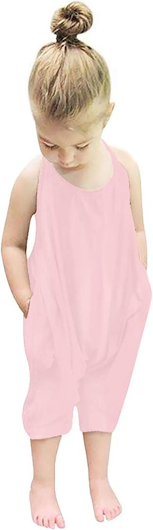 RAISEVERN Toddler Girl Pink Rompers Infant Sleeveless Harem Romper Slouch Jumpsuits Kid Jumpers Summer Cute Party Solid Color Clothing with Pocket, 4-5T