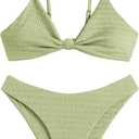 ZAFUL Women's Solid High Cut Cheeky Textured Twisted Knot Bikini Set Two Piece Swimsuit (3-Green#8, M)