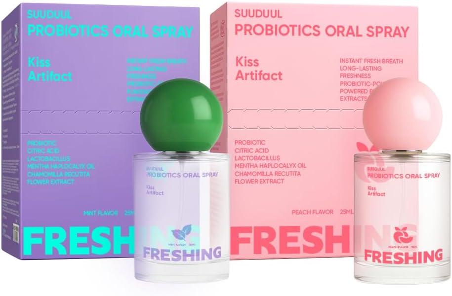 Probiotic Oral Spray, Mint & Peach Flavor Combo, Breath Spray with Prebiotics and Probiotics, Long-Lasting Freshness, Alcohol-Free, Convenient Travel-Sized, 25ml/0.85oz