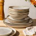 GBHOME Stoneware Dinnerware Sets for 4, 12 Pieces Rustic Earthenware Plates and Bowls Set, Handmade Reactive Glaze Ceramic Plate Sets, Chip Resistant Dishes, Microwave & Dishwasher Safe, Oatmeal Linen
