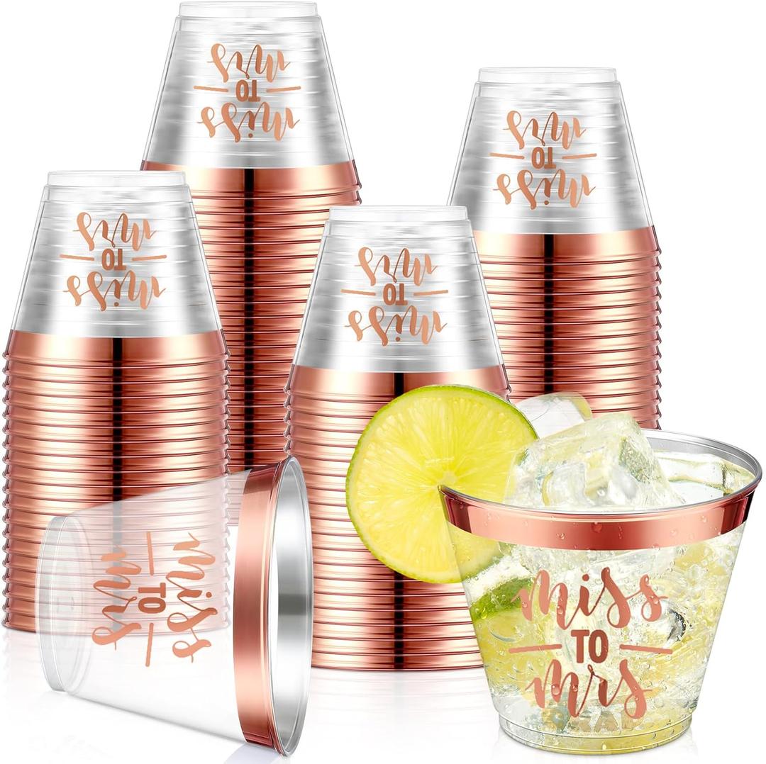 Pickmesh 24 Pcs Bridal Shower Cups Miss to Mrs Gold Rimmed Cups Disposable Hard Clear Plastic 9oz Wedding Tumblers for Engagement Bachelorette Party Supplies (Rose Gold)