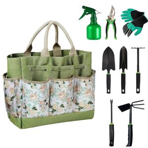 Gardening 9-Piece Heavy Duty Carbon Steel Gardening Tool Set – Rust-Proof, Ergonomic Non-Slip Handles with Durable Storage Tote Bag – Ideal Garden Gift by BRSS
