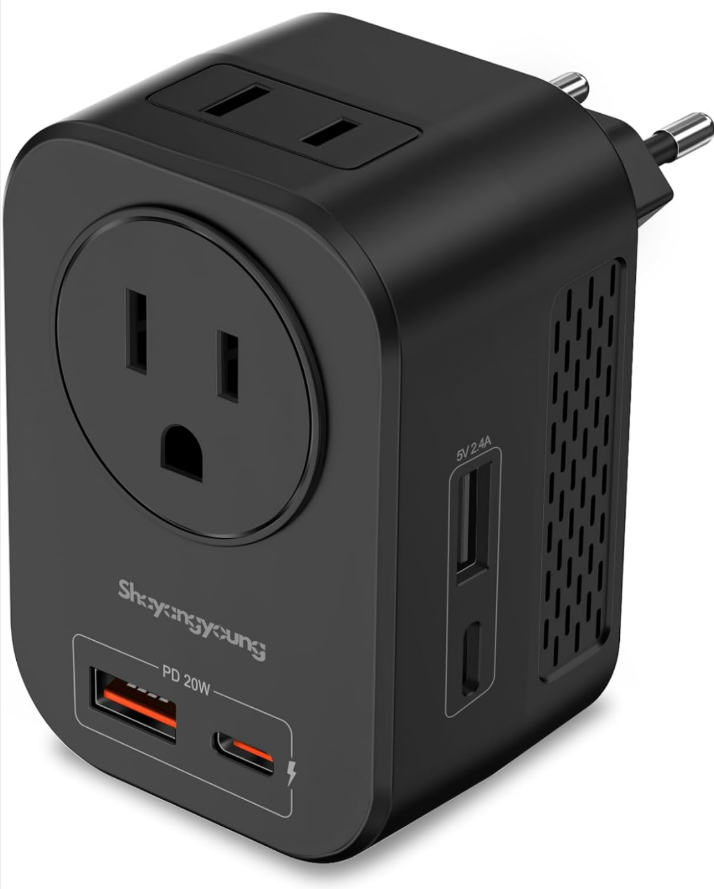 220V to 110V 20W PD Voltage Converter US to Europe International Universal Travel Adapter with 2 USB A 2 Type-C Port Worldwide Power Converters Plug Combo for Spain Italy (Black)-IZ