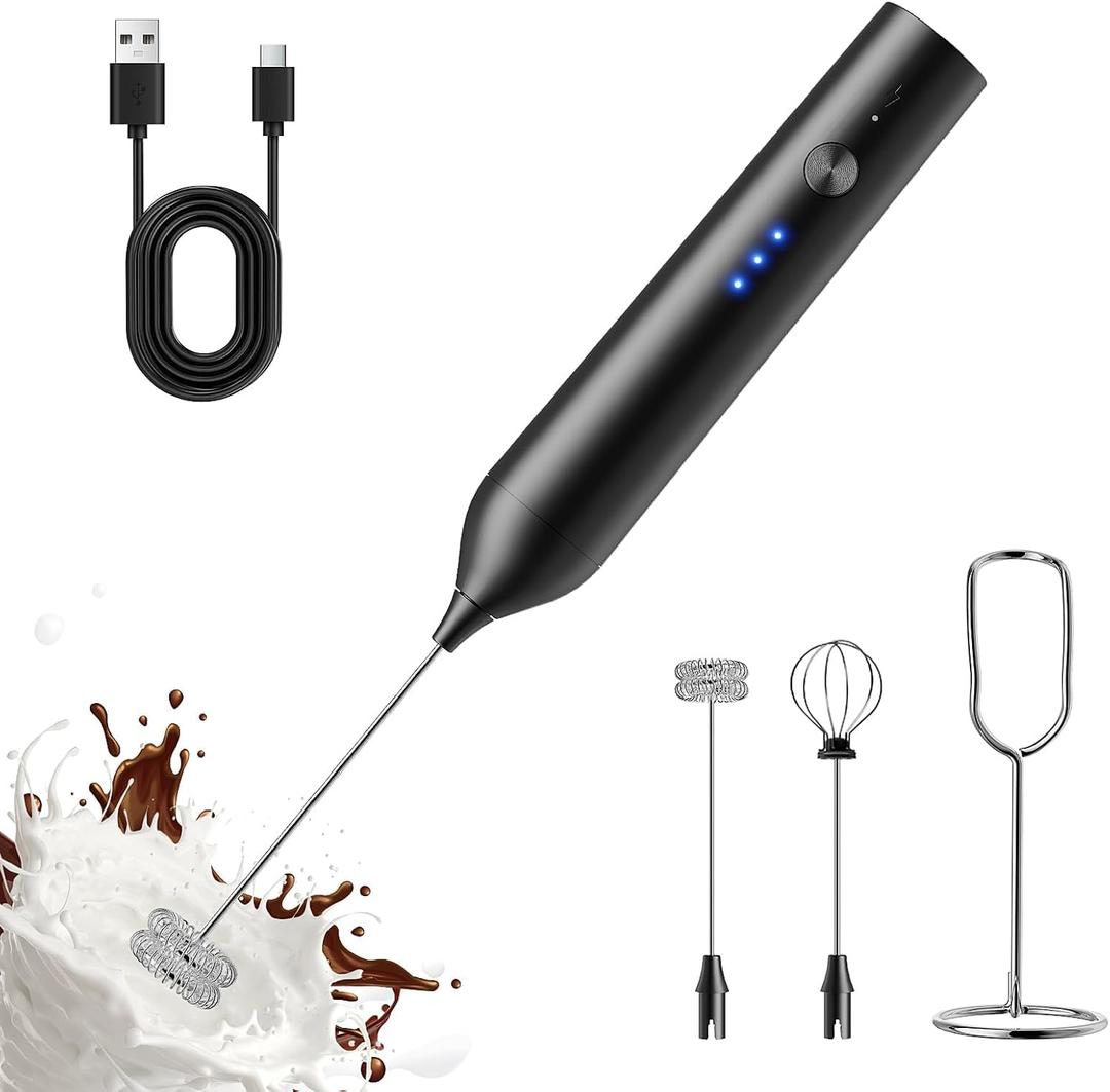 Rechargeable Milk Frother with Stand 3 Speed | Handheld Electric Whisk Stainless Steel Drink Mixer for Latte Cappuccino Hot Chocolate, Black