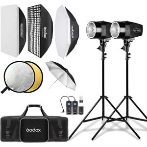 Godox Studio Flash Light Kit for Photography, Strobe Softbox Lighting Kit, 2x180W Daylight Compact Monolight with Flash Trigger, Softbox, Light Stands, Reflector Storage Bag, Umbrella, AC 110V Powered