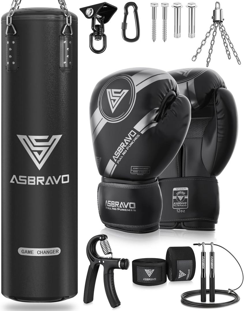 Punching Bag for Adults, 4ft PU Heavy Boxing Bag Set 12OZ Gloves for MMA Muay Thai Kickboxing Training Home Gym, Martial Art (Unfilled) (Black)