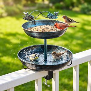 2 in 1 Deck Bird Bath & Feeder for Railing, Metal Birdbath & Birdfeeder with Adjustable Clamp, Detachable Bird Baths Water Bowl, Rustproof Wild Bird Balcony Patio Yard Garden Decor (Lake Blue)