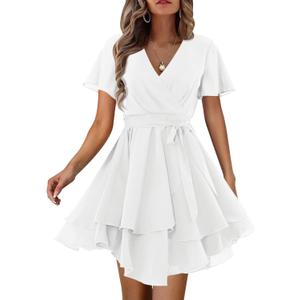 Amoretu Women's 2024 Summer Wrap Dress Short Sleeve Casual V Neck Ruffle Mini Dresses (Large, All White)