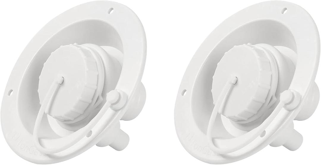 TonGass (2-Pack, White) Universal Fit Gravity Feed Fresh Water Fill Hatch Inlet for RV Trailers, 4.5" Diameter Fill Hatch Inlet - With 1-1/4 Barbed Connector, Bayonet-Style Cap and 1/2" Air Vent