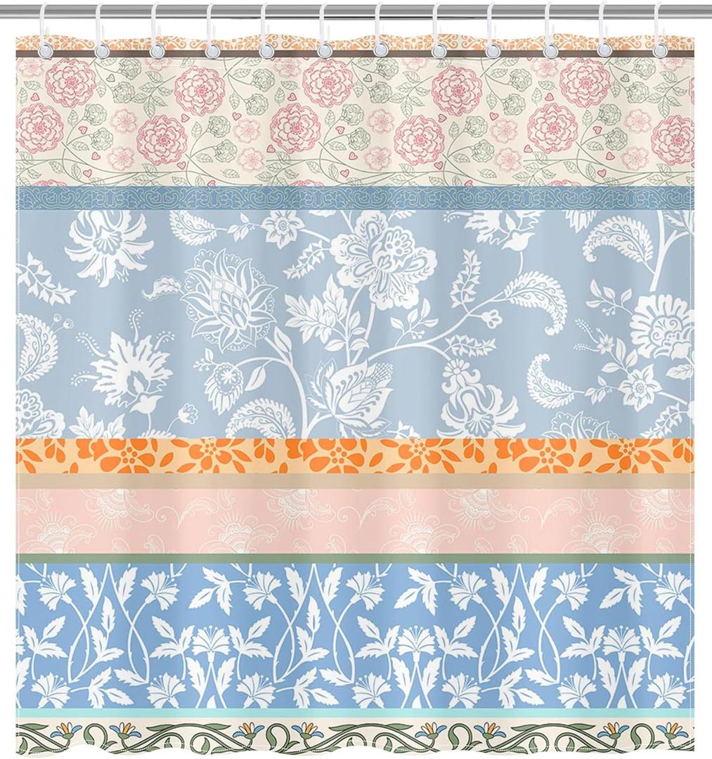 Boho Floral Shower Curtain for Bathroom, Blue Floral Vintage Shower Curtain with 12 Hooks Waterproof Fabric Farmhouse Bath Curtain for Bohemain Bathroom Decor, 72 X 72 Inch