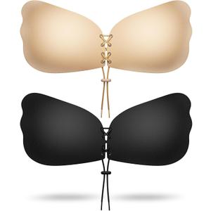 Cmojsk Sticky Bra, Backless Sticky Push Up Bra Adhesive, Invisible Seamless Strapless Bras for Women Reusable 2 Pair Black/Beige